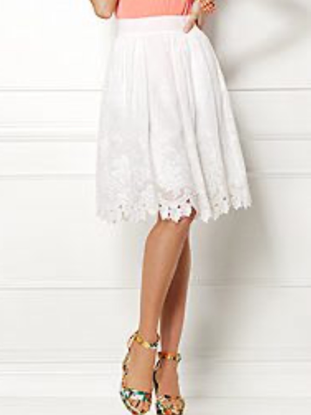 New York & Company Eva Mendes Large White Eyelet Floral Midi Skirt Embroidered